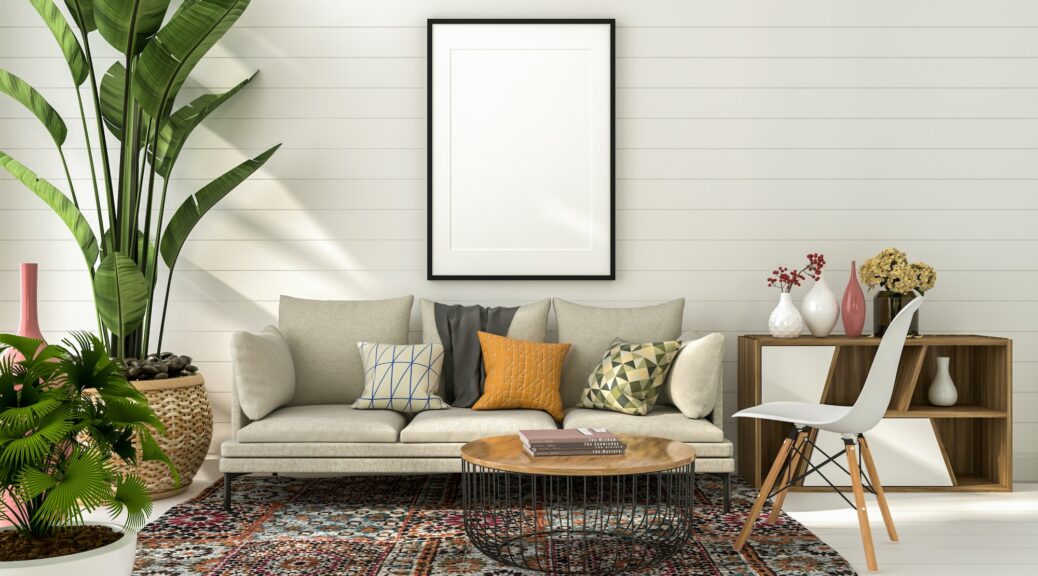 3D illustration Mockup photo frame in living room rendering