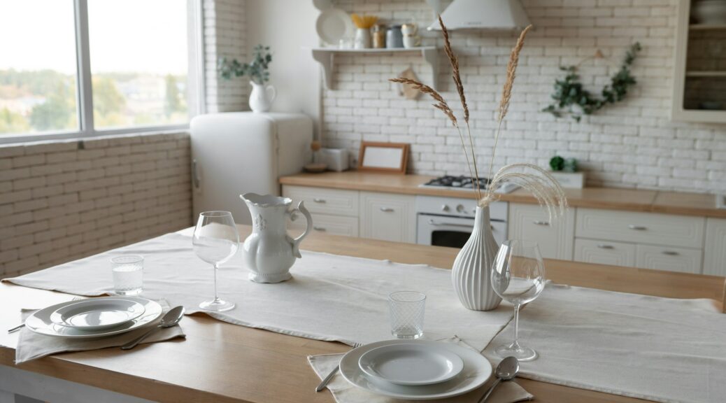Modern bright scandi kitchen with decor and served table with dishes and plates